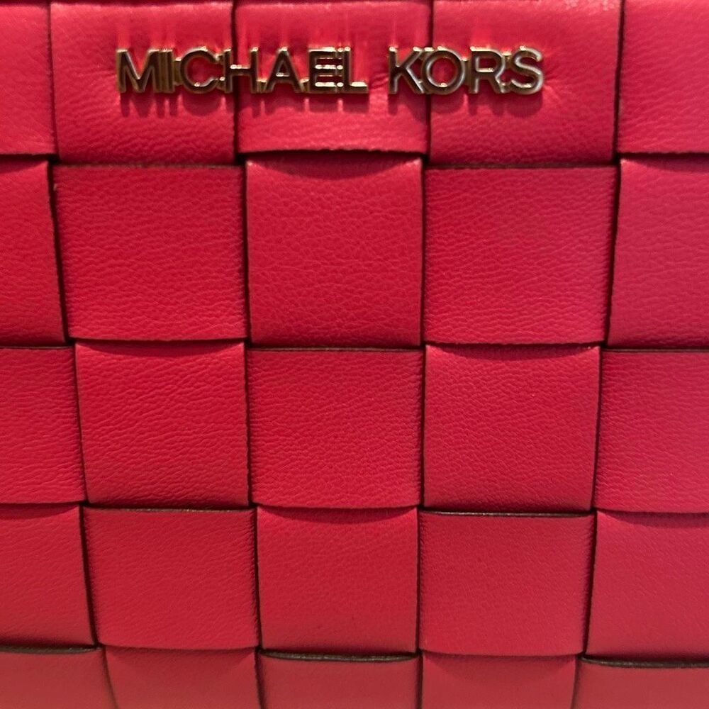 Michael Kors Jet Set Lattice Leather Zip Around Long Wallet Geranium Pink Woven - Picture 6 of 10